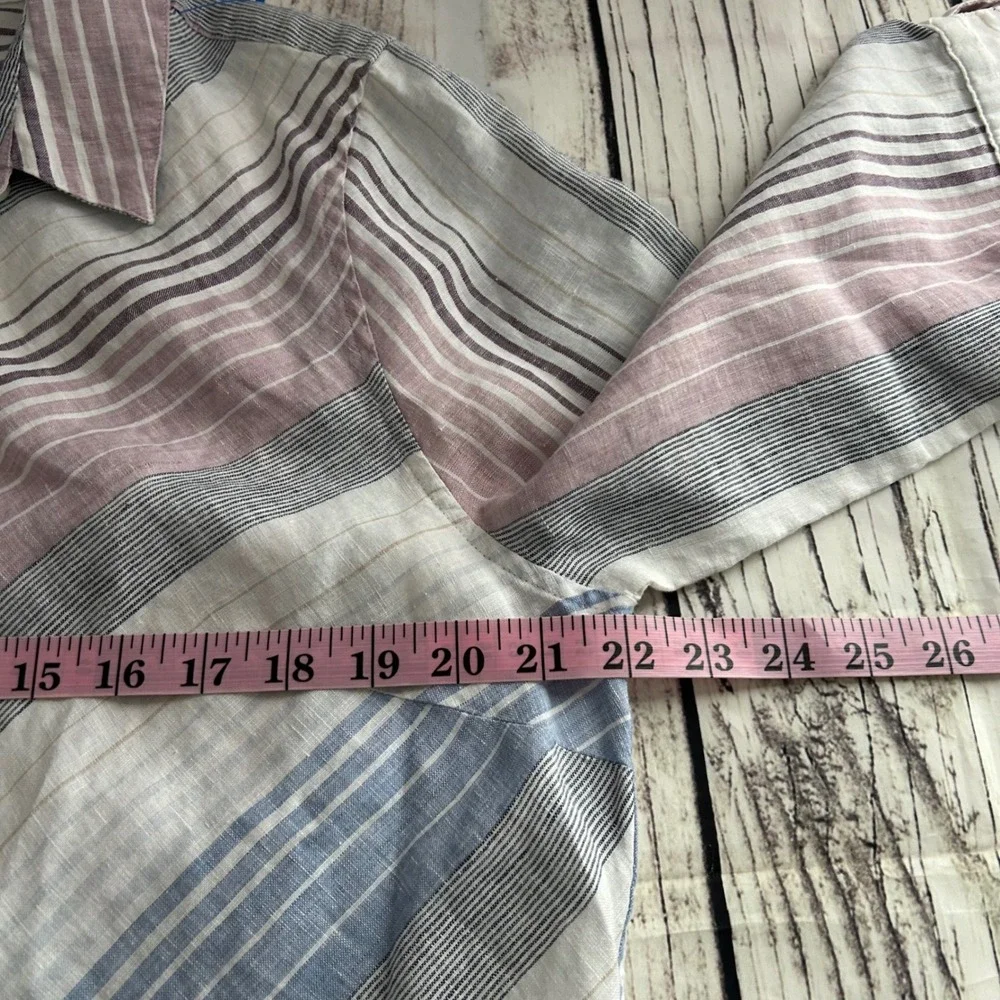 Chicos No Iron 100% Linen Chevron Stripe Button Down Shirt Tunic Blue Red Size 2